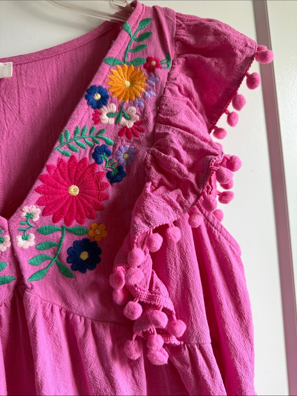 Umgee Pink Embroidered Ruffle Pom-Pom Sleeveless Blouse - Picture 4 of 4